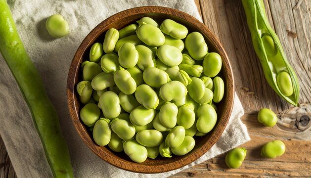 Fresh Raw Green Fava Beans in a Wooden Bowl Ready to Cook