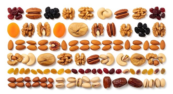 A diverse assortment of various types of nuts and seeds displayed in an organized grid