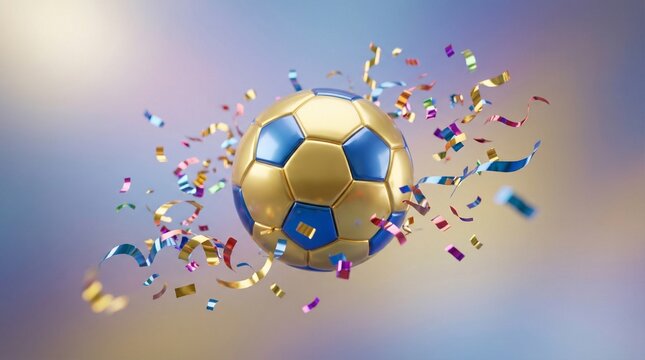 Golden and blue soccer ball suspended mid air surrounded by a celebratory explosion of colorful confetti and streamers symbolizing victory achievement and the excitement