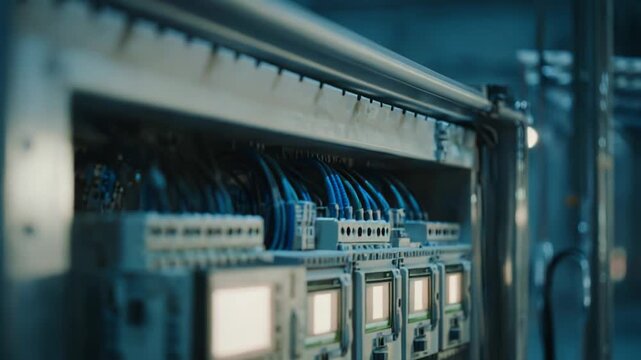 Programmable logic controllers and electric circuits connecting wires inside a modern factory's distribution board, indicating advanced engineering and high tech manufacturing processes