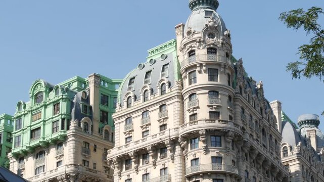 New York City Manhattan Broadway street Ansonia building 1904, United States of America. Hotel or condos in Upper West Side. Old historic condominiums architecture, green cooper patina on roof in USA.
