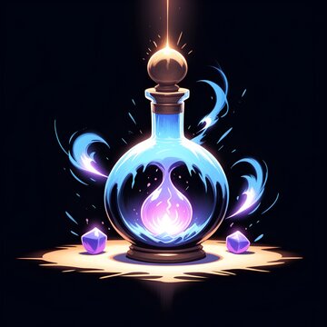 A vibrant stylized blue potion bottle filled with swirling magical essence and glowing purple elements flanked by iridescent gems embodying enchantment and mystic power.