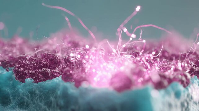Microscopic view of biological cells and neural network connections, showing glowing pink energy and synapse activity in an abstract science concept with biomolecules