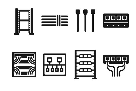 Rack Wiring Icons Set. Rack wiring management. Filled icon set of Rack wiring management: vertical rack,