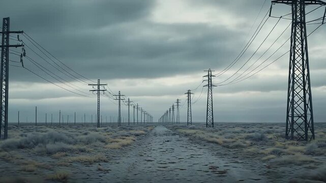 Electricity pylons extending into the distance along a barren track, conveying power and communication across a vast, remote wilderness under a heavy, overcast atmosphere