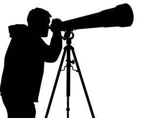 Silhouette of a man looking through a large telescope on a tripod for stargazing or scientific observation isolated on white background © Rezowan 
