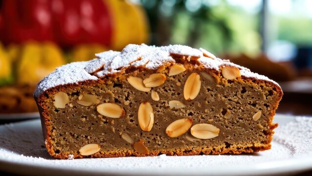 Cross section almond loaf cake showing peanuts on plate