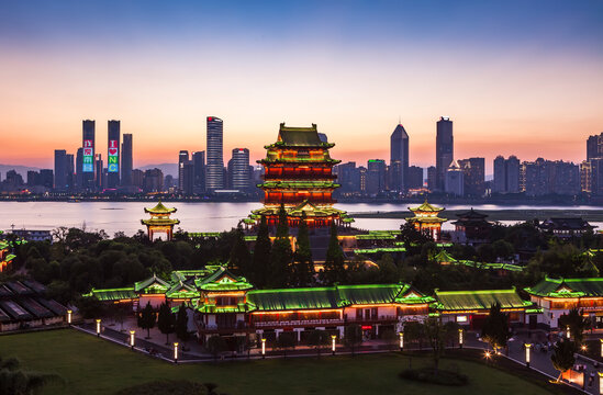 The Main Tower of the Pavilion of Prince Teng and the City Nightscape Beneath the Veil of Night
