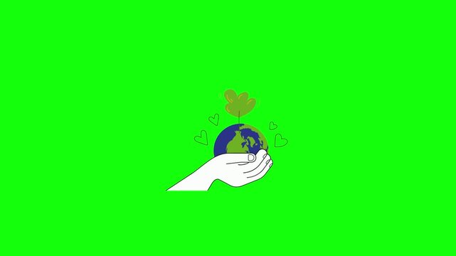Animated 2D vector illustration of a white hand holding a small globe with a tree growing on top, hearts floating around gently, isolated on green screen background.