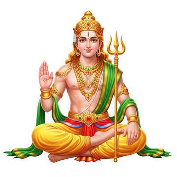 Dhanvantari Meditating with Trident Holding Blessing Gesture Golden Ornate Attire Black Background Spiritual Art