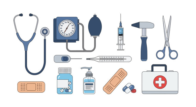 Medical Equipment Collection: Stethoscope, Syringe, Bandages, First Aid Kit, Thermometer