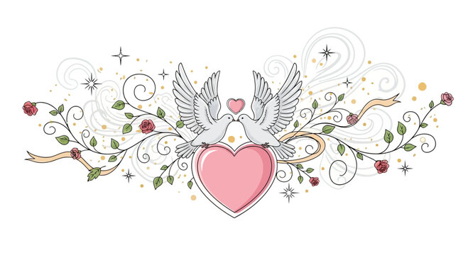 Elegant Doves and Heart Border with Roses, Swirls, and Sparkles - Wedding Design Element