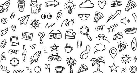 Fototapeta premium Hand drawn doodle icons set with everyday objects, creative symbols, and playful sketch elements for modern design and visual storytelling