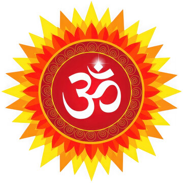 Om Symbol Radiating Sunburst Mandala Spiritual Hinduism Sacred Sound Vibrant Colors Isolated Black Background
