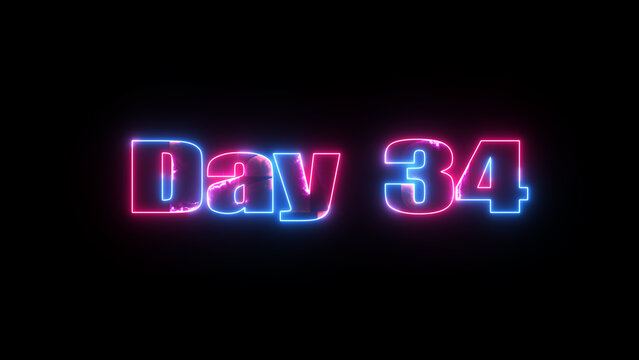 Day 34 neon text effect glowing blue and pink on black background