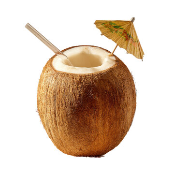Fresh coconut drink with straw and cocktail umbrella isolated on transparent background