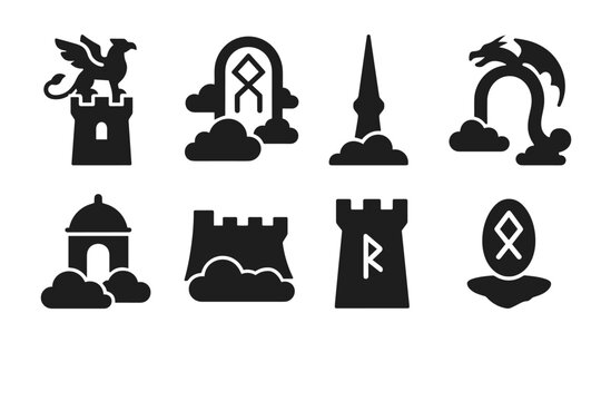 Mythic Sky Realms Icons. Mythic sky realms. Filled icon set of Mythic sky realms: griffin tower, sky rune gate