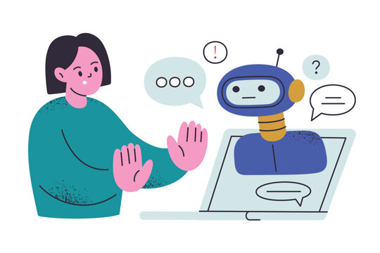 Flat cartoon girl recoiling from laptop with AI assistant in fear and anxiety. Artificial intelligence anxiety and technology distrust, digital struggles and future shock vector illustration