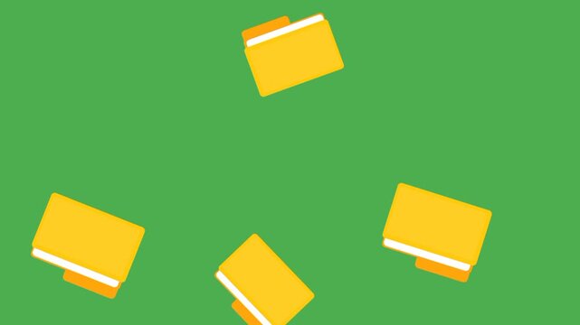 Multiple falling folder document management system concept on green background. Isolated motion for editing and compositing use