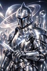 Naklejka premium Futuristic armored knight in space