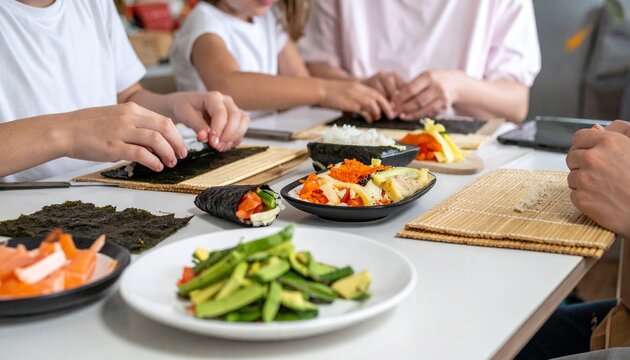 手巻き寿司・家族・食卓・DIY・団らん・ホームパーティー/Family making temaki hand-rolled sushi together, home cooking, joyful Japanese dining experience