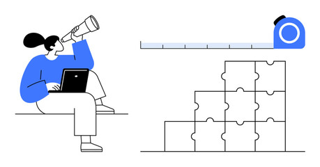 Fototapeta premium Business strategy with a woman using a telescope for market research and puzzle blocks growth planning. Business strategy aids decision-making and long-term goals. For startups, corporate planning