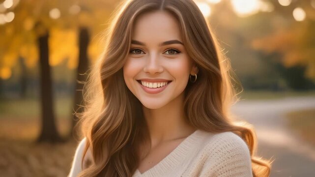Portrait of a gorgeous caucasian woman with a perfect smile and long hair looking at the camera while standing in an autumn park with warm sunlight and golden leaves in the background