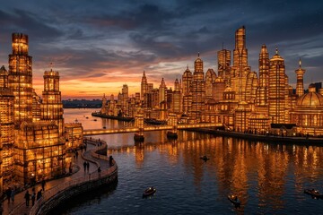 Obraz premium Illuminated City Skyline with River Reflection and Bridge at Dusk