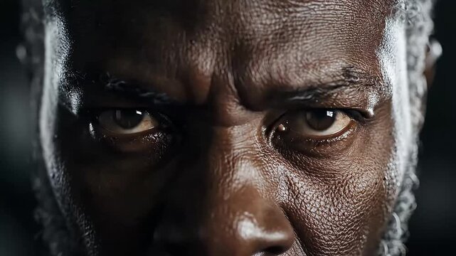 Extreme Close Up of Intense Angry Eyes and Sweaty Face of a Man