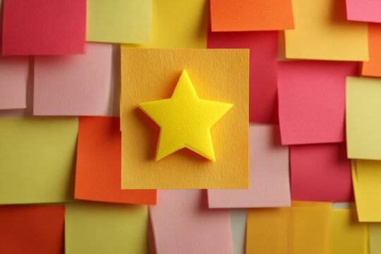 Yellow star icon on colorful sticky notes wall