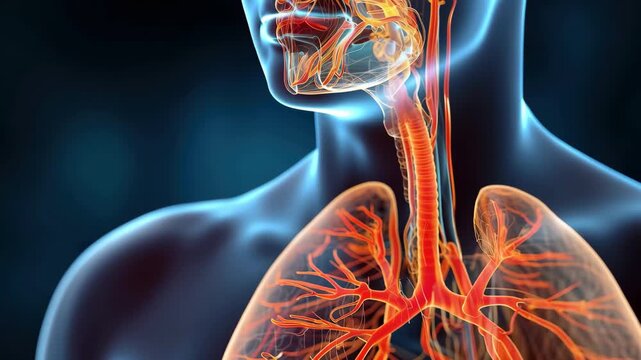 Detailed rendering of a man's lower respiratory tract showing the trachea, bronchi, and lungs in an educational medical animation