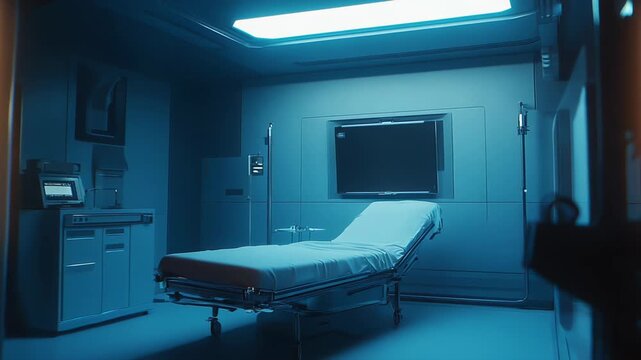 Empty gurney in a contemporary medical facility, featuring advanced equipment, digital screens, iv stand, and bright illumination, suggesting modern healthcare innovation