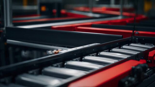 Close up view of an empty automated roller conveyor belt system featuring red and grey metallic parts, ready for efficient package sorting and logistics in a modern distribution center
