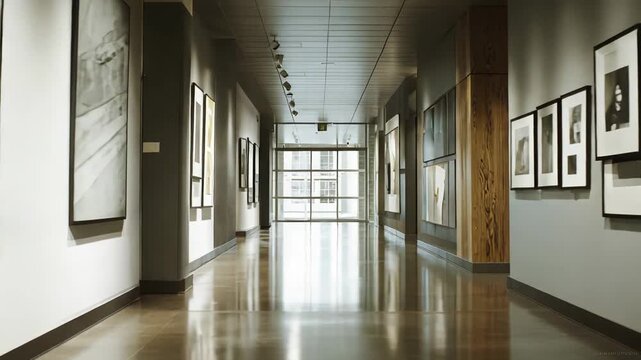 Long, empty art gallery hallway with framed artworks hanging on walls, displaying modern architecture and minimalist interior design, leading to a bright exit