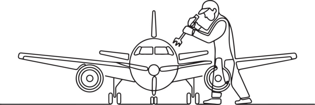 Aircraft mechanics perform maintenance and repairs on aircraft. They are responsible for the safety and serviceability of engines, electronics, hydraulics, one line art icon drawing vector