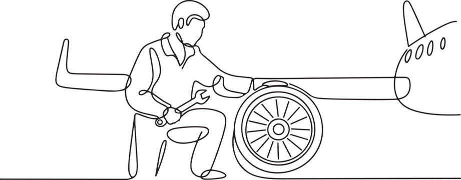 Aircraft mechanics perform maintenance and repairs on aircraft. They are responsible for the safety and serviceability of engines, electronics, hydraulics, one line art icon drawing vector