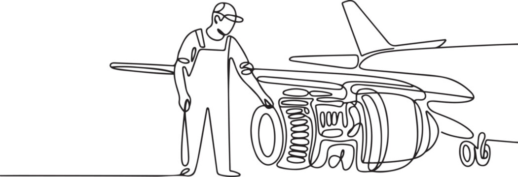 Aircraft mechanics perform maintenance and repairs on aircraft. They are responsible for the safety and serviceability of engines, electronics, hydraulics, one line art icon drawing vector