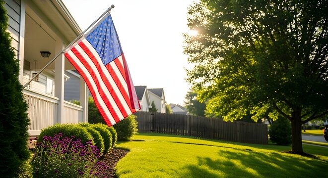 American flag waving on a house porch with green lawn and trees in the background on a sunny day