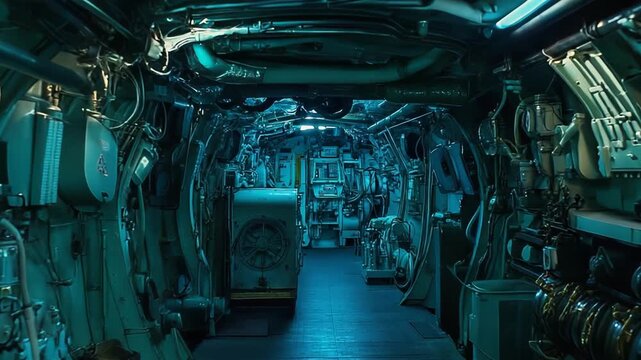 Submarine interior showing a narrow corridor filled with intricate industrial machinery, pipes, and control panels under atmospheric blue neon lighting, creating a feeling of enclosed technology