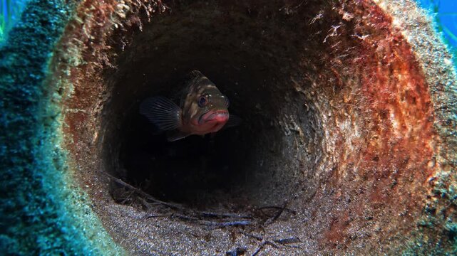 Serranus atricauda inside inactive submarine outfall pipe on a sandy bottom with seagrass