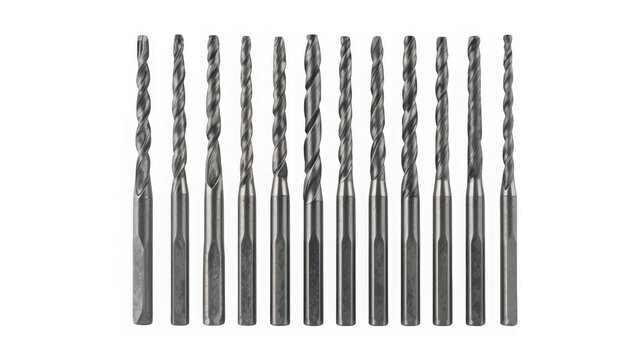 A set of metal drill bits arranged in a row on a black background on transparent background