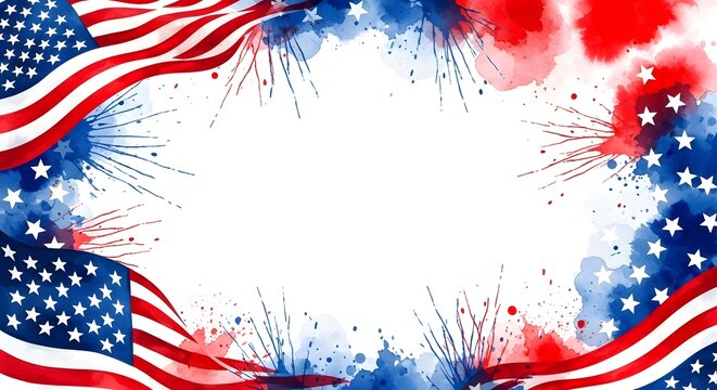 Vibrant american flag design with fireworks and watercolor splashes on white background for 4th of july celebrations and patriotic events