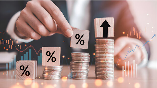 Strategic Digital Finance Hand Stacks Percentage Blocks for Investment Growth and Business Success