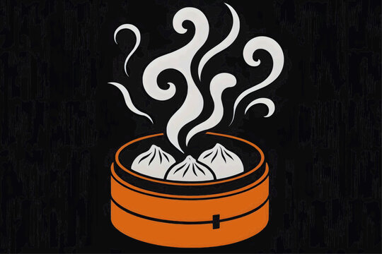 Flat vector illustration - steam rises from a bright orange dumpling basket (xiao lun bao) on a black background