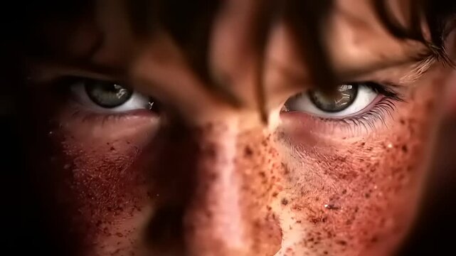 Captivating closeup showcasing child's intense gaze freckled skin revealing unfiltered emotion compelling visual narrative