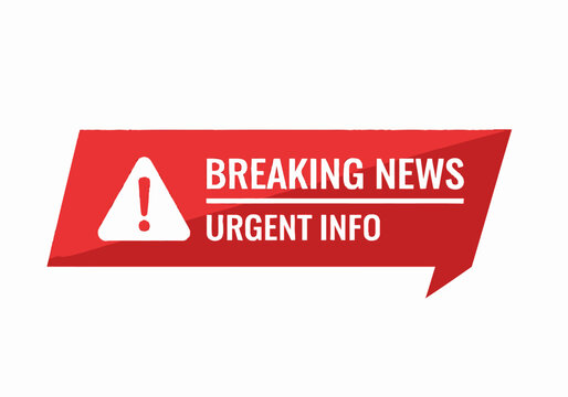 Breaking News Urgent Info Alert Icon with Exclamation Mark on Red Banner