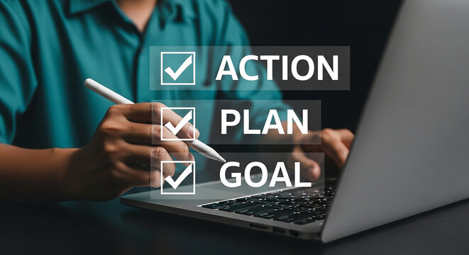 Prioritization Process: Action Plan, Goals Achieved: An individual meticulously reviews action plans, focused on goals to enhance work efficiency and productivity.