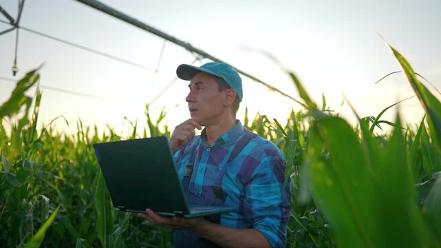 Farmer points at laptop screen in corn field under irrigation pivot. Man reviews data on computer in cornfield. Worker analyzes technology for crop. Farmer uses laptop in agriculture field.