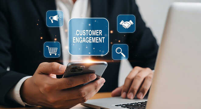 Digital Customer Engagement: A professional individual is immersed in the digital realm, utilizing a mobile phone and laptop to cultivate and refine customer engagement.