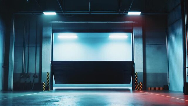 Empty industrial warehouse interior featuring closed corrugated metal roll up doors, concrete pillars, and a wet floor reflecting glowing blue and red ambient lighting